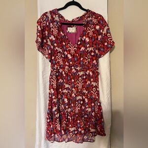Anthropologie Multicolor Floral V-Neck Dress in Red, Pink and Blue